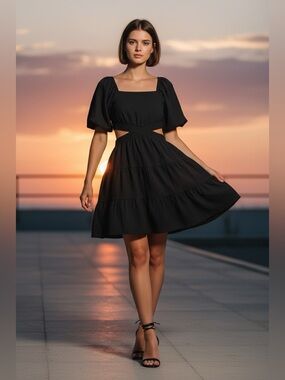 Black Cutout Mini Dress with Puff Sleeves - Brand: